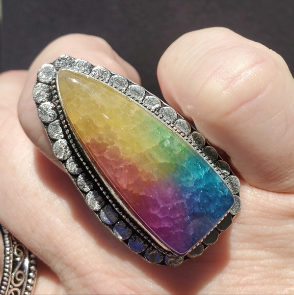 New Oversized Rainbow Solar Agate Quartz 925 Silver Statement Ring. - Picture 2 of 16